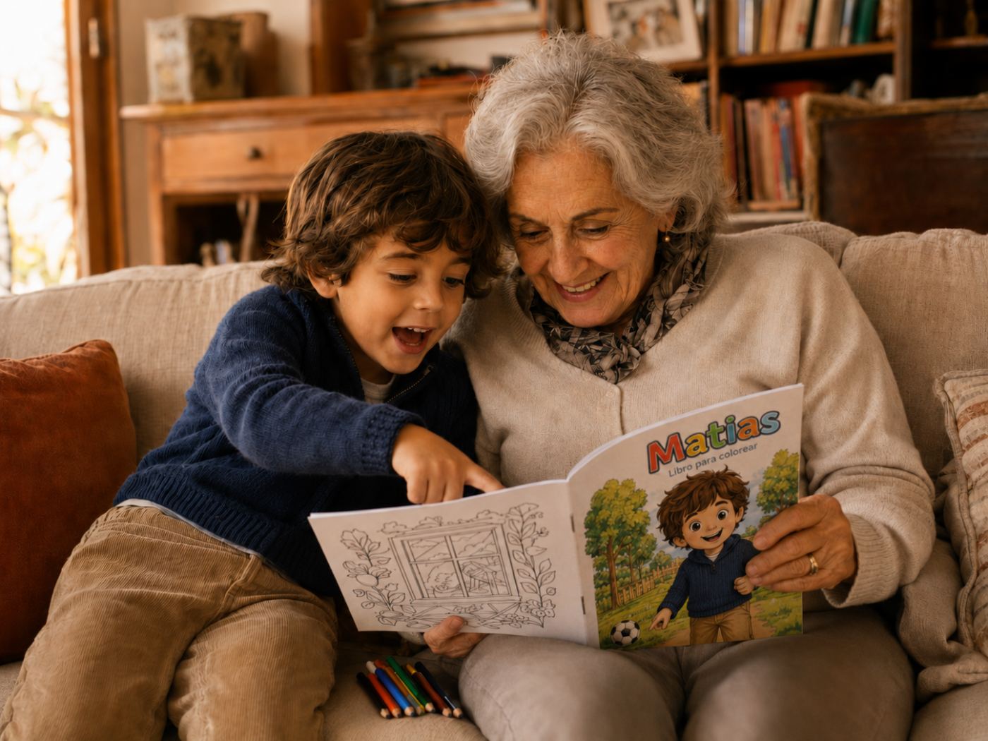 Abuela y nieto mirando juntos el libro personalizado