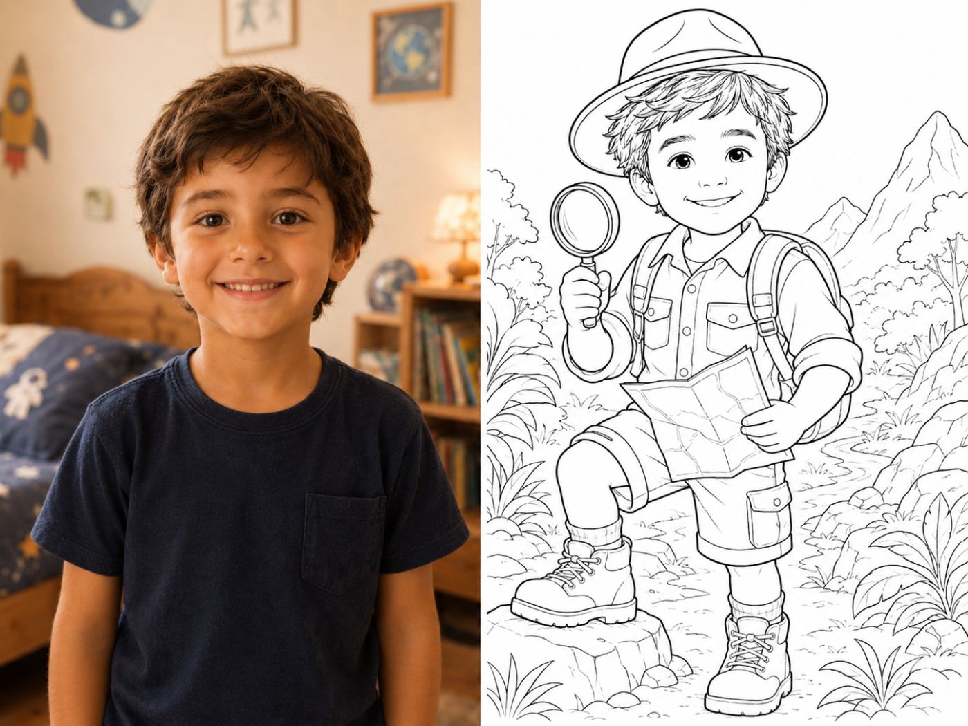Muestra temática aventura: foto real y página para colorear
