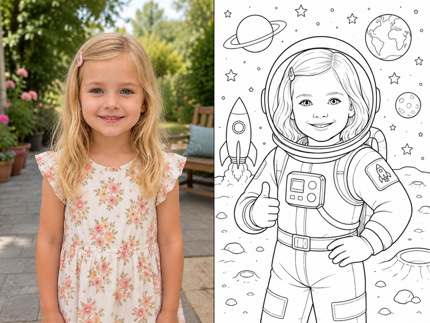Muestra temática espacio: foto real y página para colorear