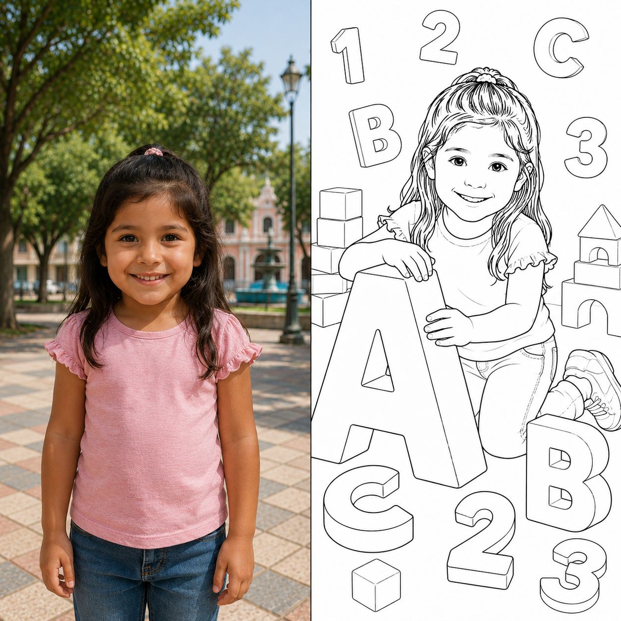 Muestra temática letras y números: foto real y página para colorear